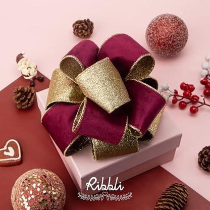 Burgundy Velvet Wired Ribbon 2.5 Inch Burgundy Velvet with Gold Glitter Christmas Ribbon for Christmas Tree Decoration Big Bow Gift Wrapping Crafts Wreaths Supplies (30 Foot)