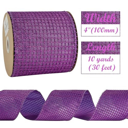 Purple Glitter Mesh Wired Christmas Ribbon 4 inch x 10 Yards (30 Foot)