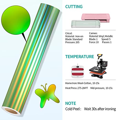 Green Holographic Heat Transfer Vinyl 12" x5ft Green Metallic HTV Vinyl Roll Rainbow Iron on Vinyl Easy to Cut & Weed DIY Heat Press Design for T