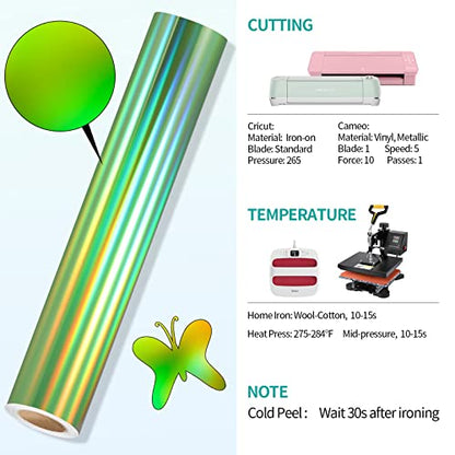 Green Holographic Heat Transfer Vinyl 12" x5ft Green Metallic HTV Vinyl Roll Rainbow Iron on Vinyl Easy to Cut & Weed DIY Heat Press Design for T