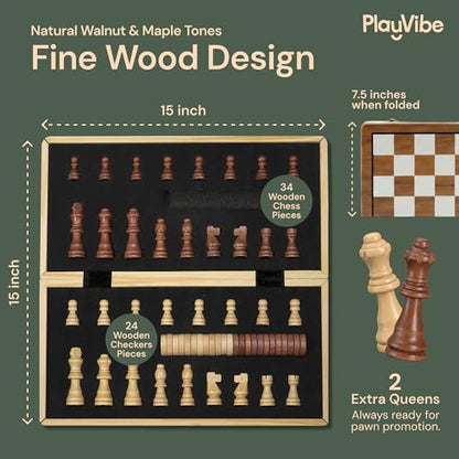 Wooden Chess Set 15'' & Checkers Board Games for All Players with 2 Extra Queens