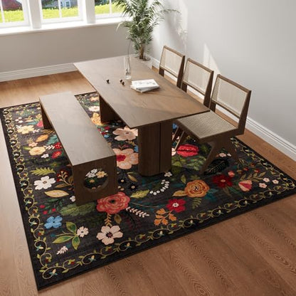 Living Room Rug 6x9 Rug Machine Washable Boho Area Rug Non Slip Floral Vintage Low Pile Large Rug for Living Room