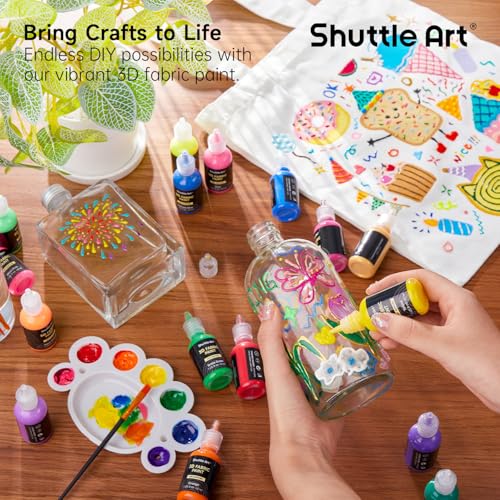 Fabric Paint 24 Colors 3D Permanent Paint with Brushes Palette Pen Fabric Sheet Stencils (24 Fl Oz)