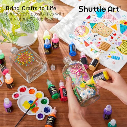 Fabric Paint 24 Colors 3D Permanent Paint with Brushes Palette Pen Fabric Sheet Stencils (24 Fl Oz)