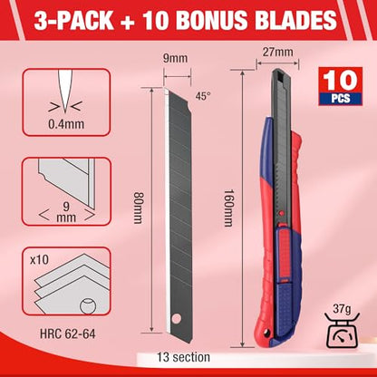 2-In-1 Safety Utility Knife Retractable Snap-off blade, Metal Box Cutter Set, Razor Knife Exacto Craft Knives, with 10 Extra 9mm Blades, Pack of 3