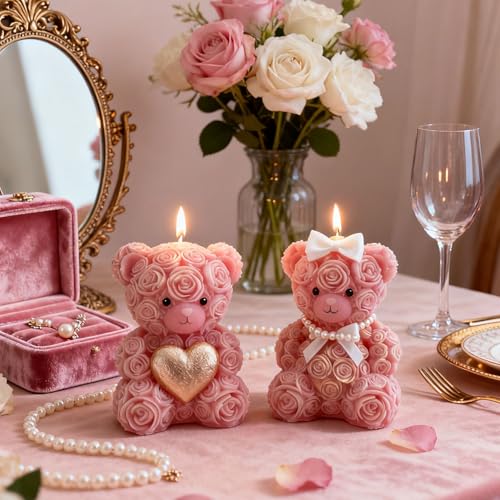 2PCS 3D Rose Bear Silicone Candle Mold Set for Candle Resin Valentine Gift (2 Count)