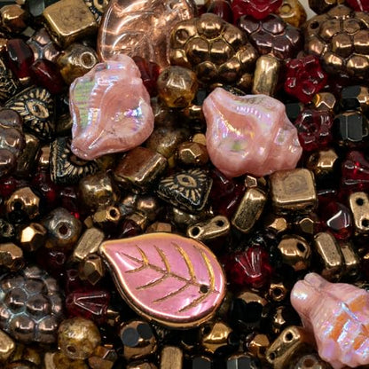 1.4oz (40g) Mix of Czech Glass Beads, Flowers, Leaf Beads, Murex Shell Beads, Grape Beads, Hand Made Set Kit, Bronze Red Pink