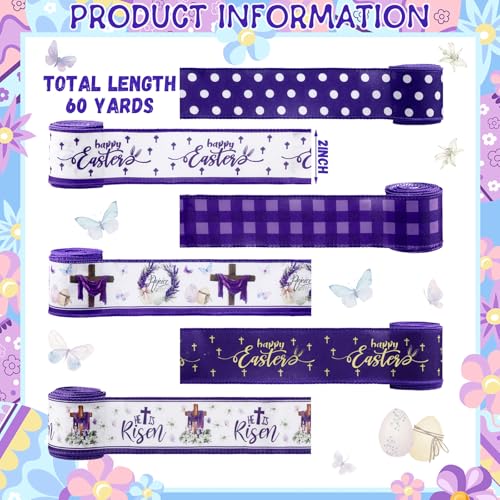 12 Rolls Spring Easter Ribbon He is Risen Cross Egg Wired Burlap Ribbon 2 Inch x 60 Lavender Purple Easter Decor Ribbons for Spring Wreath Tree Bow DIY Crafts Gift Wrapping Party Supplies 12 Styles (12 Foot)