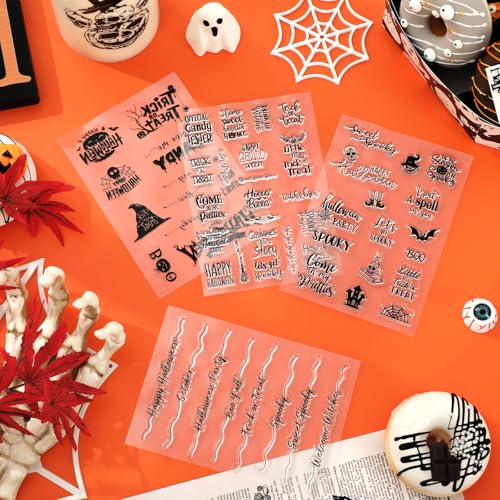 4 Sheets Halloween Clear Stamps Greeting Words Pumpkin Bat Silicone Transparent Stamps Happy Halloween Stamp Cards for DIY Crafts Card Making Scrapbooking Embossing Album Decor (4 Count)