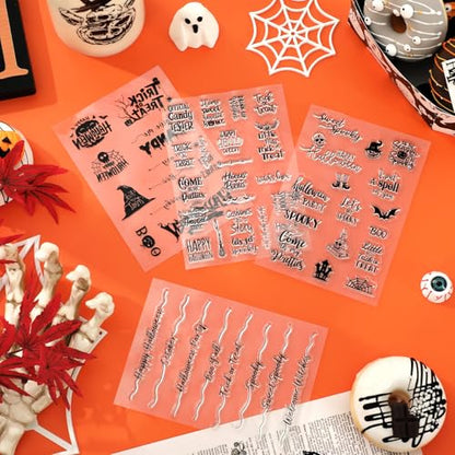 4 Sheets Halloween Clear Stamps Greeting Words Pumpkin Bat Silicone Transparent Stamps Happy Halloween Stamp Cards for DIY Crafts Card Making Scrapbooking Embossing Album Decor (4 Count)