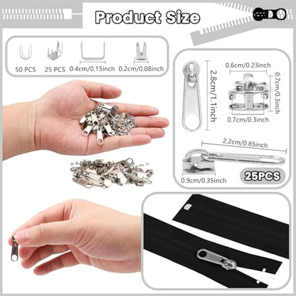 25Pcs Silver Zipper Repair Kit Zippers Replacement 3# Zipper Pull Rescue Kit for Clothing Jackets Purses Luggage Backpacks (25 Count)