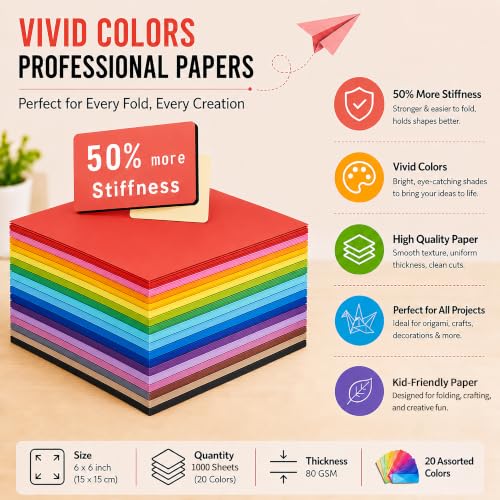 Origami Paper Kit 1000 Sheets 6x6 Colored Paper with Origami Book (1000 Count)