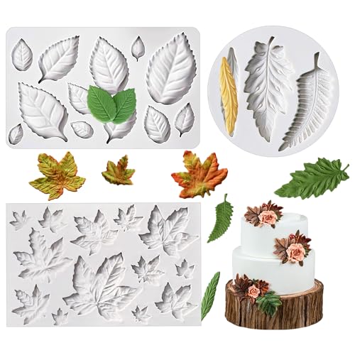3pcs Leaf Fondant Mold Rose Leaves 3D Leaf Silicone Mold for Chocolate Candy Maple Leaf Sugar Craft Cake Decoration (3 Count)