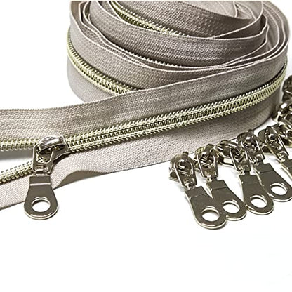 5 Light Gold Teeth Metallic Nylon Coil Zippers by The Yard Bulk 10 Yards Beige Tape with 25pcs Gold Sliders for DIY Sewing Tailor Craft Bag