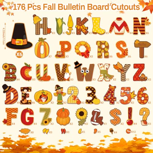 176 Pcs Fall Bulletin Board Decorations Letters Numbers Alphabet Autumn Paper Cutouts Punctuation Symbols Combo Set Thanksgiving Classroom Decorations for School Chalkboard Party Teacher (176 Count)