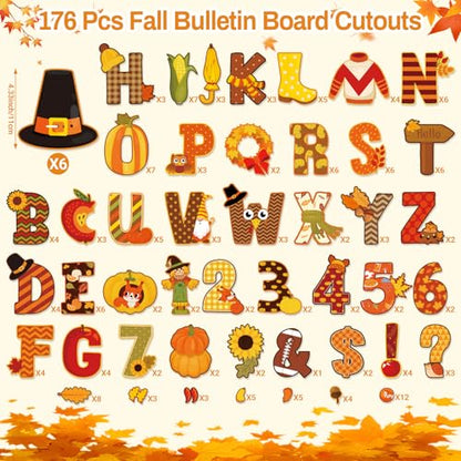 176 Pcs Fall Bulletin Board Decorations Letters Numbers Alphabet Autumn Paper Cutouts Punctuation Symbols Combo Set Thanksgiving Classroom Decorations for School Chalkboard Party Teacher (176 Count)