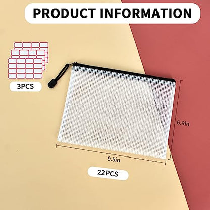 A5 22 PCS 9.49"x 7.09"Mesh Zipper Pouch Set (22 Count)