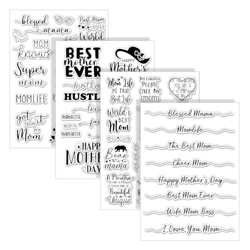 4 Sheets Mother's Day Clear Stamps Greeting Words Silicone Transparent Stamps for DIY Craft Card Making Scrapbooking Embossing Album Decor (4 Count)