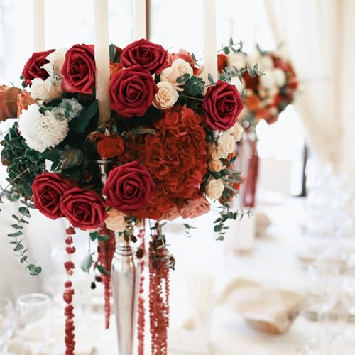 Artificial Flowers Foam Fake Roses 25pcs Red Roses with Stems for Home Decor DIY Wedding Bouquets Party Bridal Shower Centerpieces Faux Flower Arrangements Tables Decorations (25 Count)