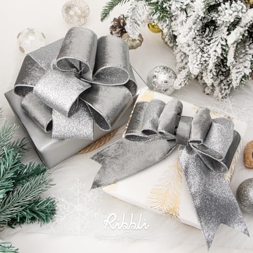 Silver Velvet Wired Ribbon 2.5 Inch Silver Velvet with Silver Glitter Christmas Ribbon for Christmas Tree Decoration Big Bow Gift Wrapping Crafts Wreaths Supplies (30 Foot)