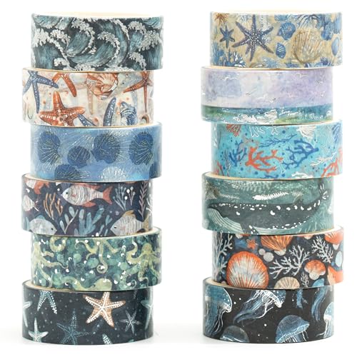 12 Rolls Charming Washi Tape Set Gold Silver Foil Detailing Arts Adhesive Tapes Basic Patterns Decorative Masking Tape Sets for Craft (12 Count)