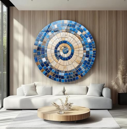 10''(25cm) Diameter Coastal Sunburst Beige & Blue Round Glass Wall Art Tempered Glass Printing Wall Decor Large Wall Art Wall Hangings