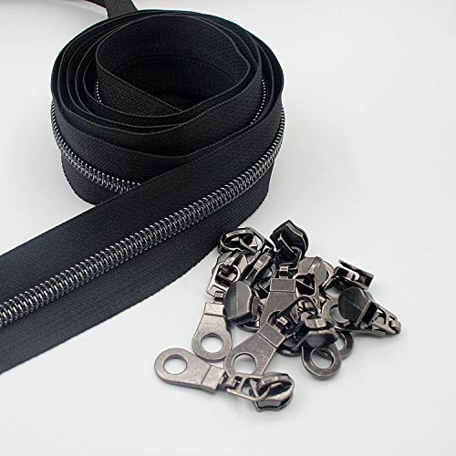5 Black Nickel Metallic Nylon Coil Teeth Zippers by The Yard Bulk 10 Yards Zipper Tape with 25pcs Black Nickel Sliders for DIY Sewing Tailor Craft Bag