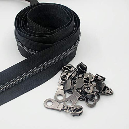 5 Black Nickel Metallic Nylon Coil Teeth Zippers by The Yard Bulk 10 Yards Zipper Tape with 25pcs Black Nickel Sliders for DIY Sewing Tailor Craft Bag