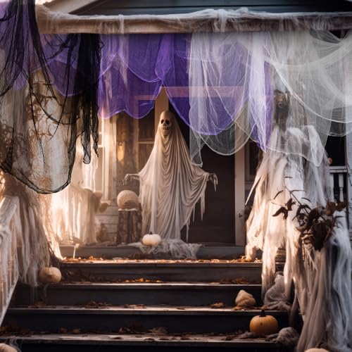 Halloween Cheese cloth 84.65 x 590.55 Inch White Black and Purple Cheesecloth Roll for Crafts Large Cotton Muslin Gauze Fabric for Halloween Outdoor & Indoor Spooky Decoration