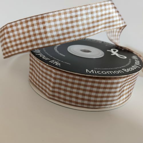 Khaki and White Woven Edge Plaid Checkered Bufflo Ribbon 100% Polyester Gingham Ribbon 25 Yards Each Roll (75 Foot)