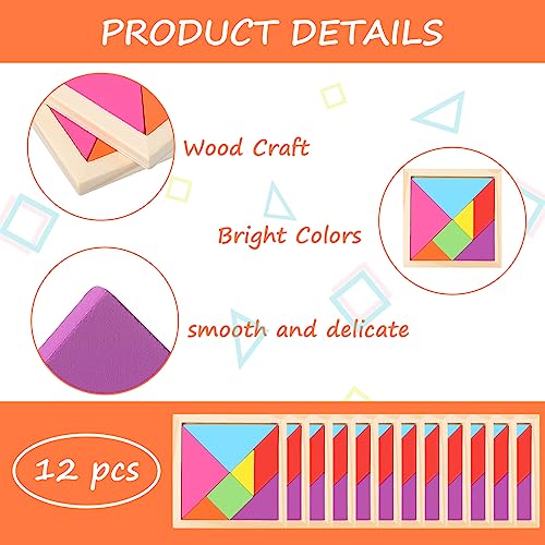 12 Pack Tangrams Wooden Puzzles Tangrams Set f Shape Puzzles Brain Logic Blocks for Games Educational Gifts for Adults Students (12 Count)