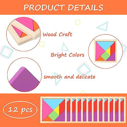 12 Pack Tangrams Wooden Puzzles Tangrams Set f Shape Puzzles Brain Logic Blocks for Games Educational Gifts for Adults Students (12 Count)