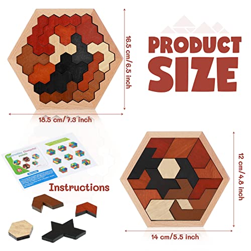 3 Pack Large Hexagon Tangram Puzzle Wooden Brain Puzzles for Adult Challenge Wood Russian Blocks Brain Teasers Geometric Jigsaw Block Logic Iq Stem Family Graduation Gifts (3 Count)
