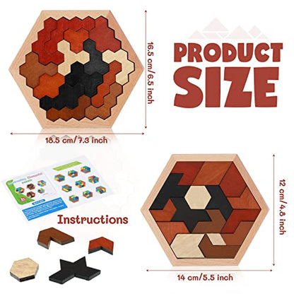 3 Pack Large Hexagon Tangram Puzzle Wooden Brain Puzzles for Adult Challenge Wood Russian Blocks Brain Teasers Geometric Jigsaw Block Logic Iq Stem Family Graduation Gifts (3 Count)