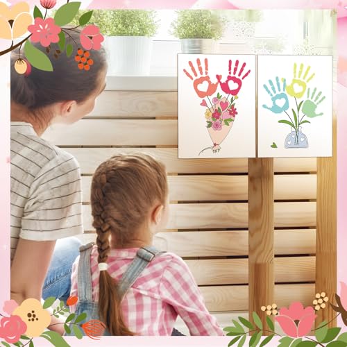 6 Sets Mother's Day Crafts DIY Kit Flower Bouquet Handprint Art Craft Gifts for Mom from Daughter or Son 8 x 10 Inch Handprint Flowers Bouquet Kit for Mother Grandma Birthday Supplies (6 Count)