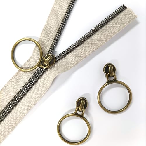 5 Antique Brass Metallic Nylon Coil Zippers by the Yard Bulk 10 Yards Beige Zipper Tape with 25pcs Antique Brass Ring Pull Sliders for DIY Sewing Tailor Craft Bag