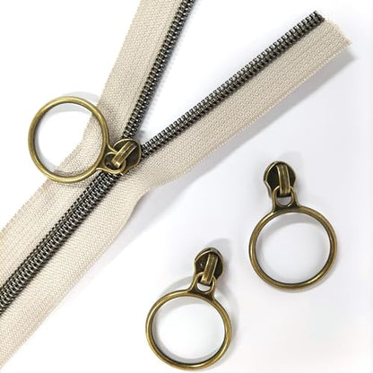 5 Antique Brass Metallic Nylon Coil Zippers by the Yard Bulk 10 Yards Beige Zipper Tape with 25pcs Antique Brass Ring Pull Sliders for DIY Sewing Tailor Craft Bag