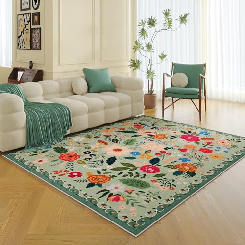 Living Room Rug 5x7 Rug Machine Washable Boho Area Rug Non Slip Floral Vintage Low Pile Large Rugs for Living Room