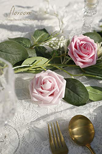 Artificial Flowers 25pcs Real Looking Blush Pink Ombre Colors Foam Fake Roses with Stems for DIY Wedding Bouquets Bridal Shower Centerpieces Floral Arrangements Party Tables Home Decorations (25 Count)