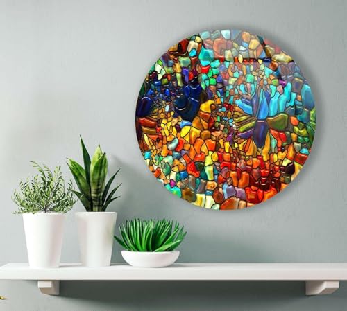 15.8''(40cm) Diameter Red Mosaic Round Glass Wall Art Tempered Glass Printing Wall Decor Large Wall Art Wall Hangings