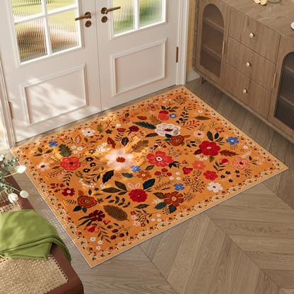 Door Mat Indoor Entrance 2x3 Rug Machine Washable Boho Floral Small Area Rug Non