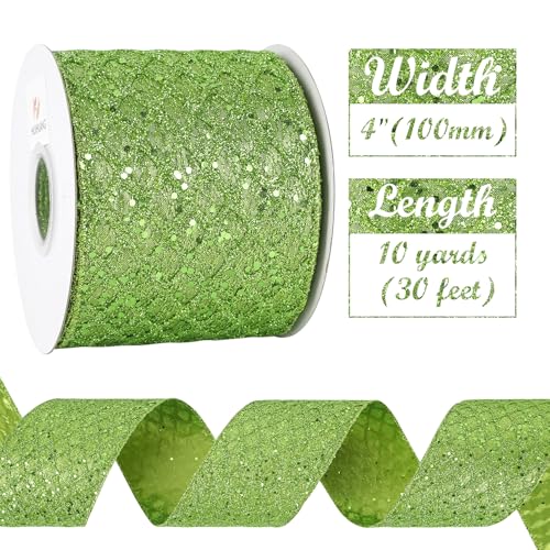 Lime Green Glitter Christams Wired Ribbon 4 inch x 10 Yards (30 Foot)
