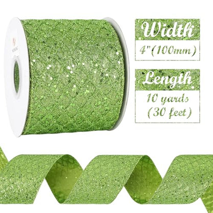 Lime Green Glitter Christams Wired Ribbon 4 inch x 10 Yards (30 Foot)