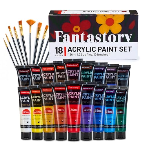 36ml 18 Colors Professional Acrylic Paint Set with 10 Brushes (648 Fl Oz)
