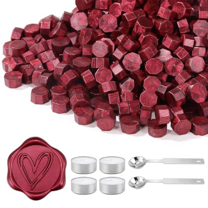 360Pcs Burgundy Sealing Wax Beads with 2 Spoons and 4 Tea Candles for Wax Seal Stamps (360 Count)