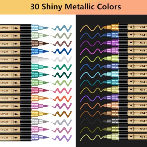 30 Colors Dual Tip Metallic Acrylic Paint Marker pens with Brush & Fine (30 Count)