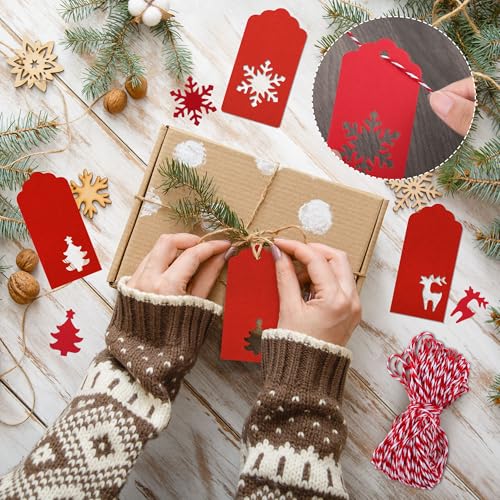 150 Pieces Christmas Paper Gift Tags Red Kraft Tags Hang Labels Christmas Tree Snowflake Reindeer Design with 30 Meters Twine for Christmas DIY Wrapping Favor Holiday Present