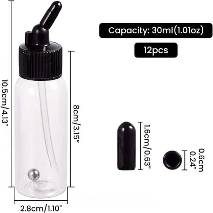 10 Pack 30ML Airbrush Plastic Bottles Jars with caps for Dual- Action Siphon Suction Feed Airbrush