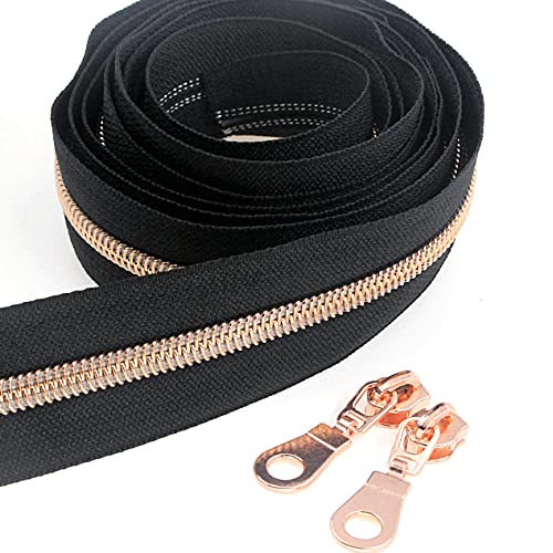 5 Rose Gold Metallic Nylon Coil Zippers by The Yard Bulk 10 Yards Black Tape with 25pcs Rose Gold Sliders for DIY Sewing Tailor Craft Bag (10 Yards Count)