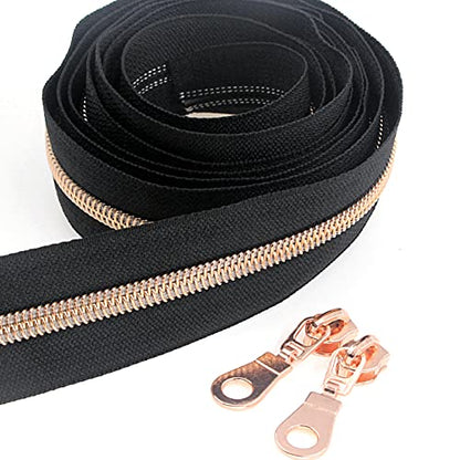 5 Rose Gold Metallic Nylon Coil Zippers by The Yard Bulk 10 Yards Black Tape with 25pcs Rose Gold Sliders for DIY Sewing Tailor Craft Bag (10 Yards Count)